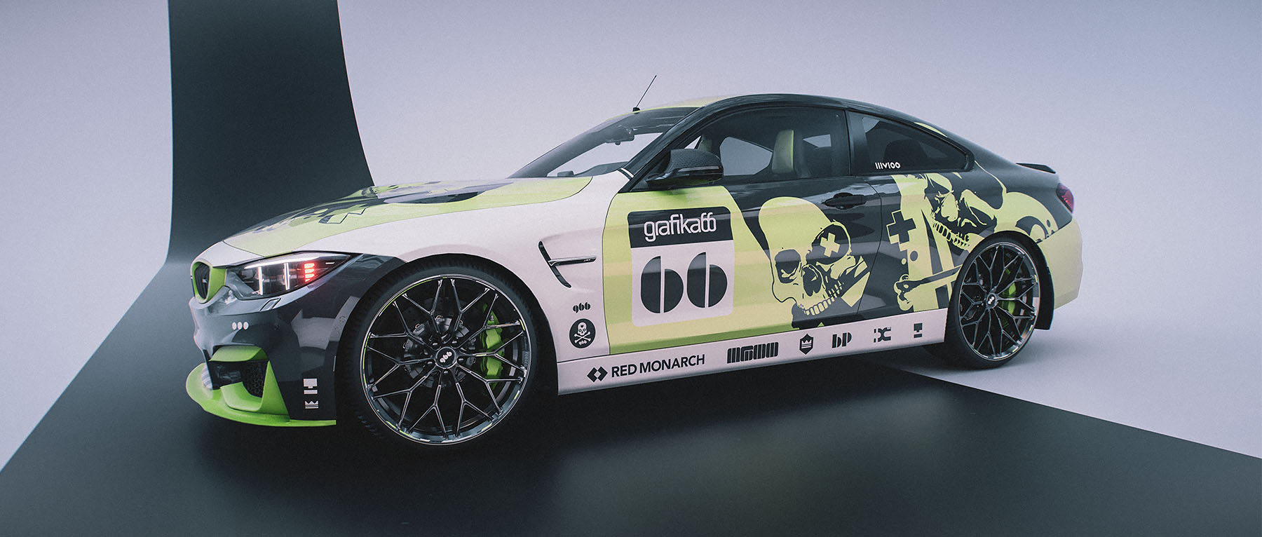 A three-quarter studio render of the modified BMW M4 on a split black and white infinity curve backdrop, showcasing the full integration of the custom artwork across the car's bodywork.