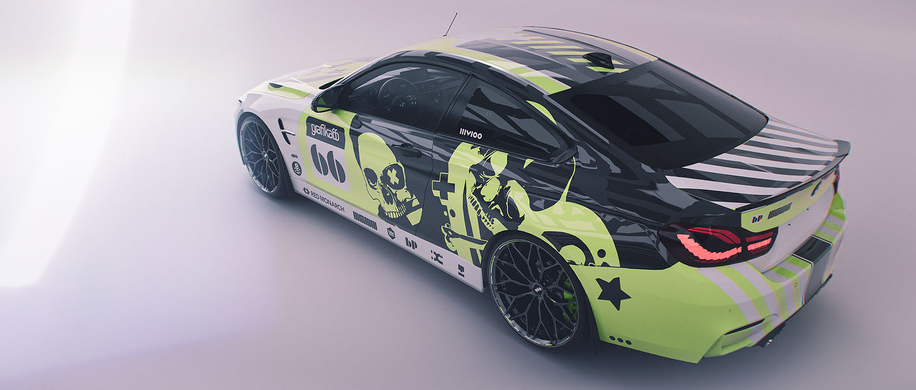A high-angle 3D render from the rear of the BMW M4, showing the custom graphic livery as it wraps around the spoiler and rear bumper with green, white, and black striped elements.