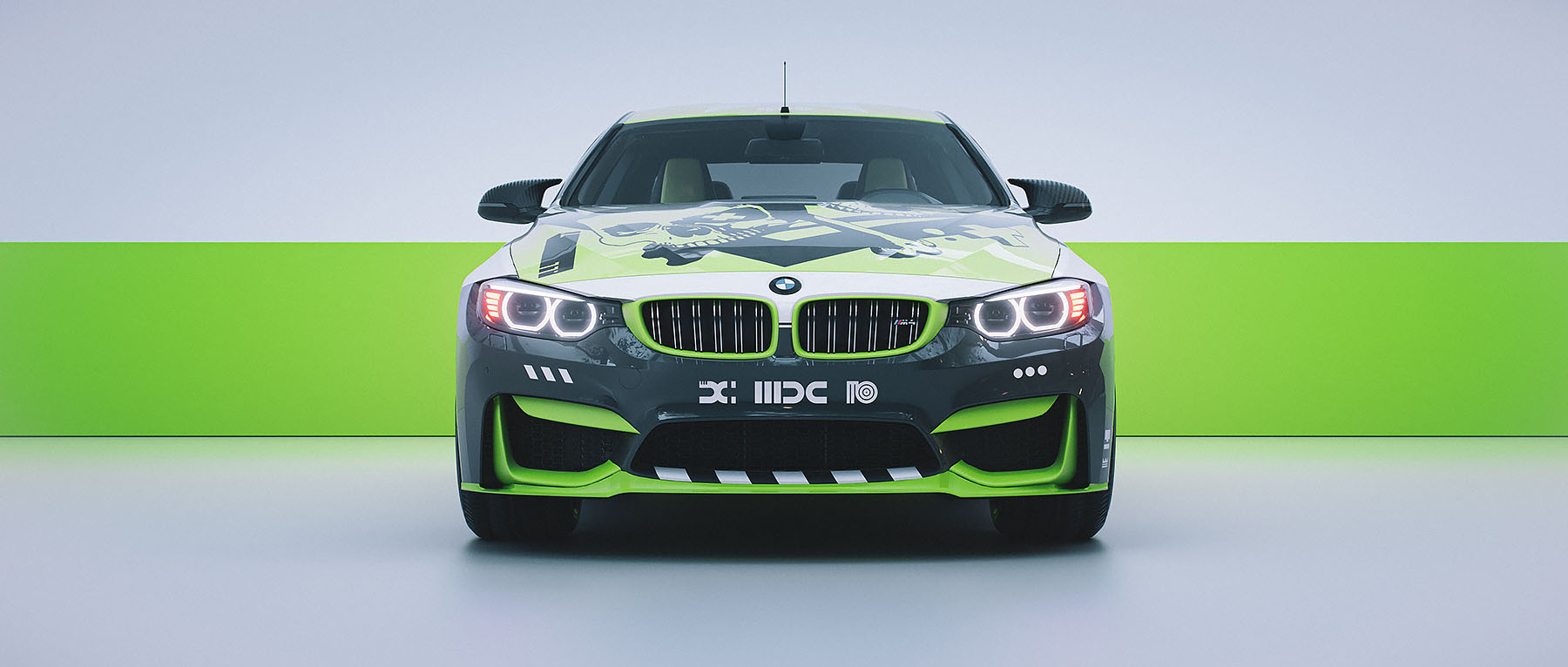 A 3D studio render showcasing the front view of a custom BMW M4 with a green, black, and white graphic art livery, presented on a dark web layout with project details.