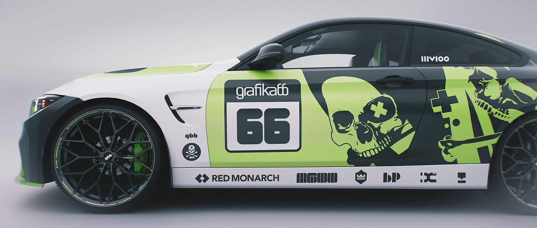 A close-up side profile render of the BMW M4 featuring a bold 'grafika66 66' race number block, illustrated skull graphics, and sponsor decals along the side skirt.