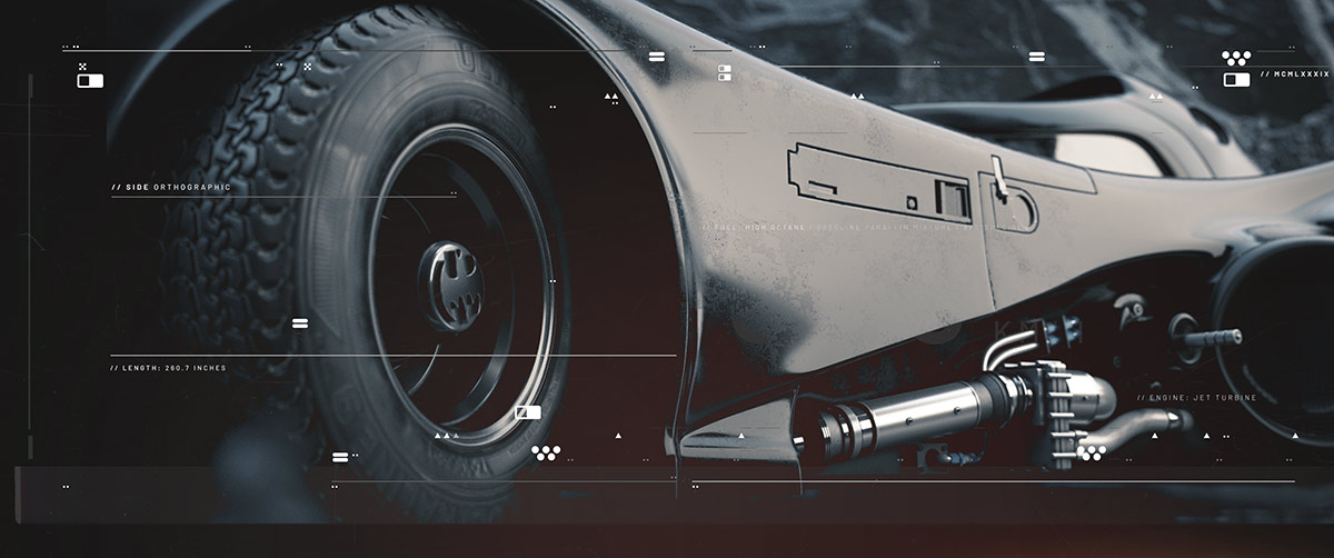 A macro 3D render of the Batmobile's front wheel and textured side paneling, integrated with fine technical HUD overlay lines and digital telemetry.