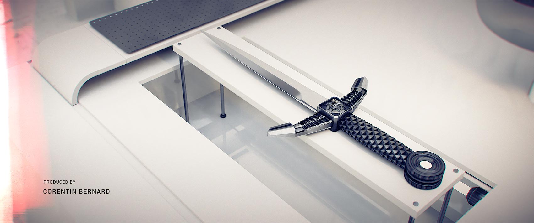 A high-angle 3D style frame of a textured medieval dagger with a patterned hilt, positioned on an elevated stand within a white laboratory recess.