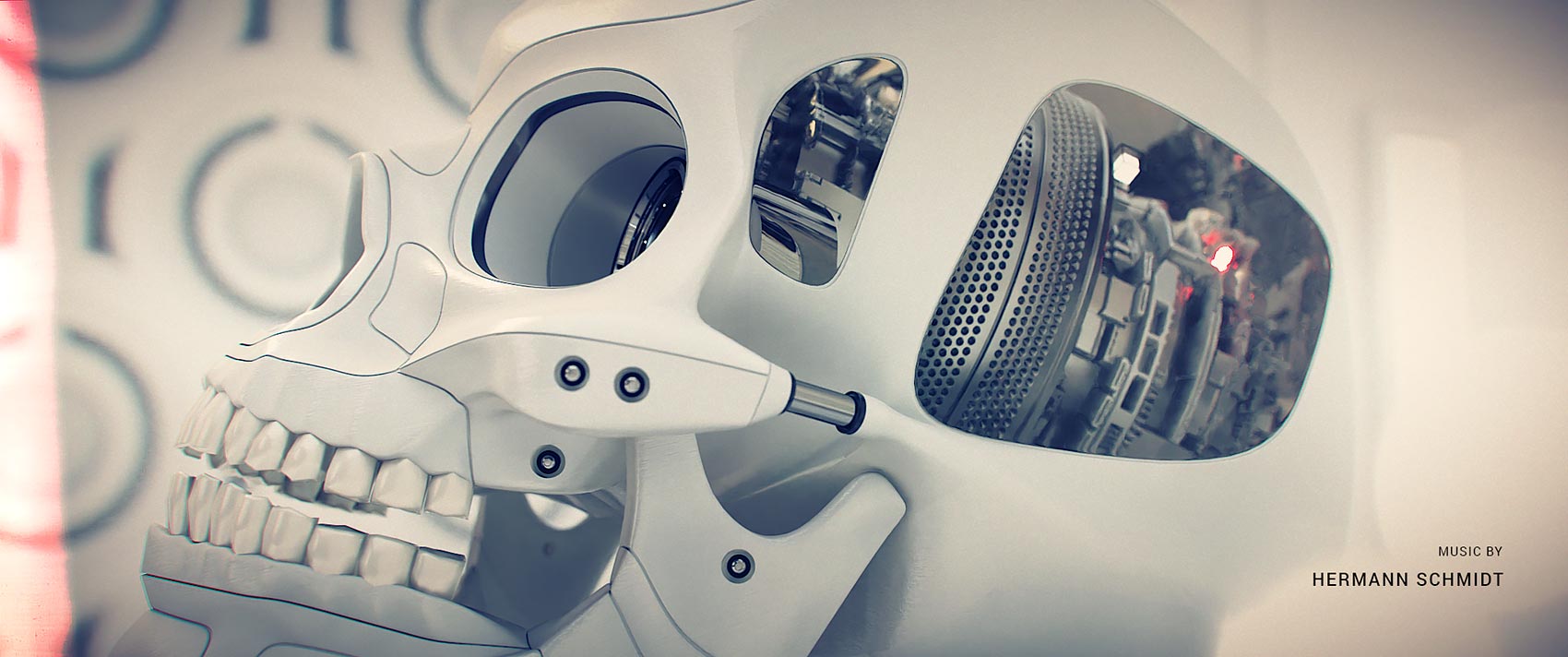 A side-profile style frame of a white synthetic skull detailing exposed internal gears, rotating mechanics, and electronic components visible through a cutout in the cranium.