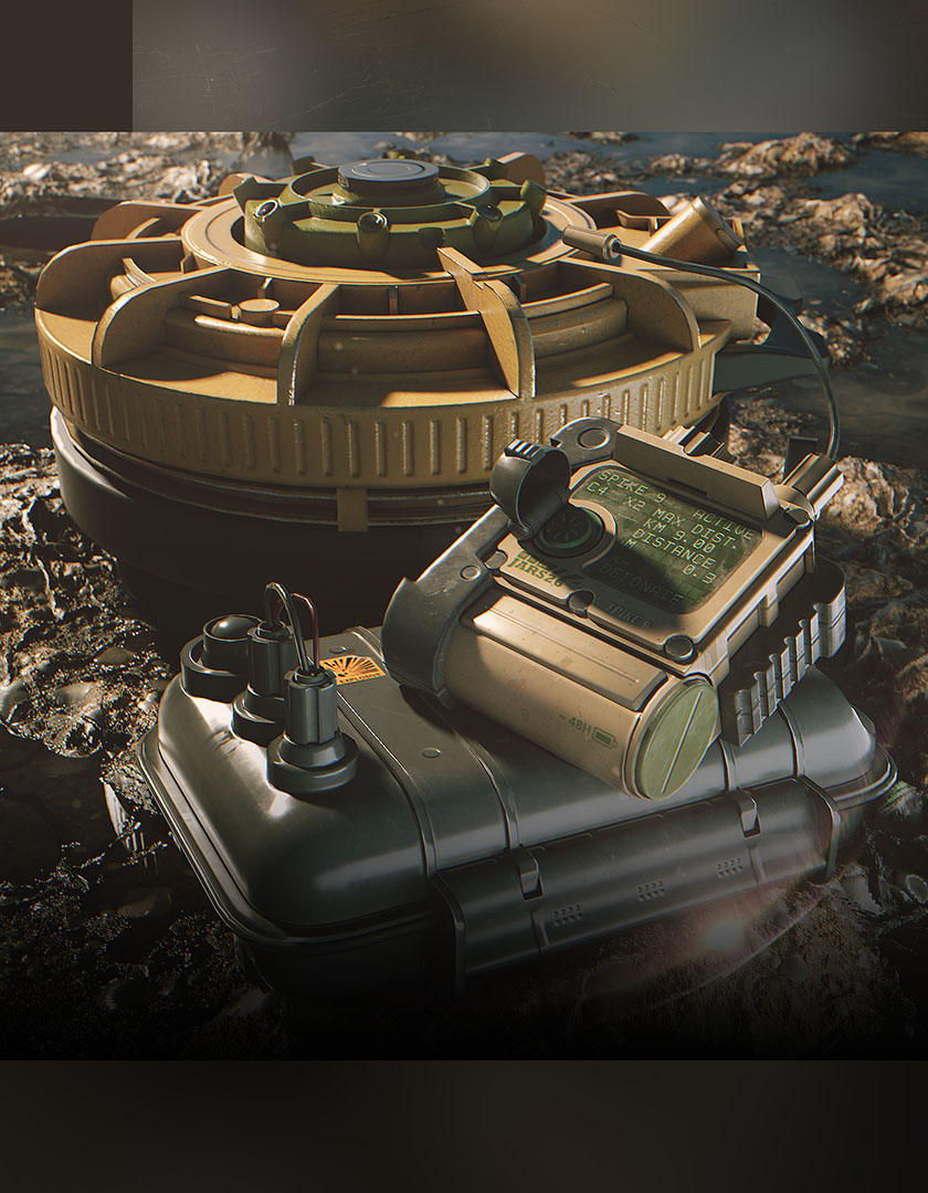 A rugged, grounded composition showcasing an explosive anti-tank landmine asset alongside a portable electronic detonator unit resting on a heavy-duty protective hardcase.
