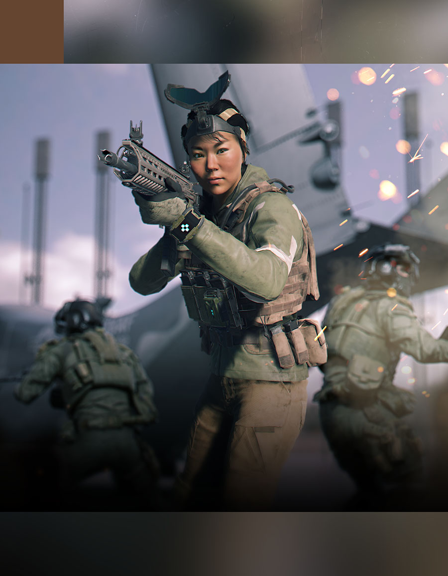 A dynamic action render featuring a female assault specialist aiming a rifle on a bright, outdoor aircraft carrier flight deck, surrounded by combat elements and subtle floating debris particles.