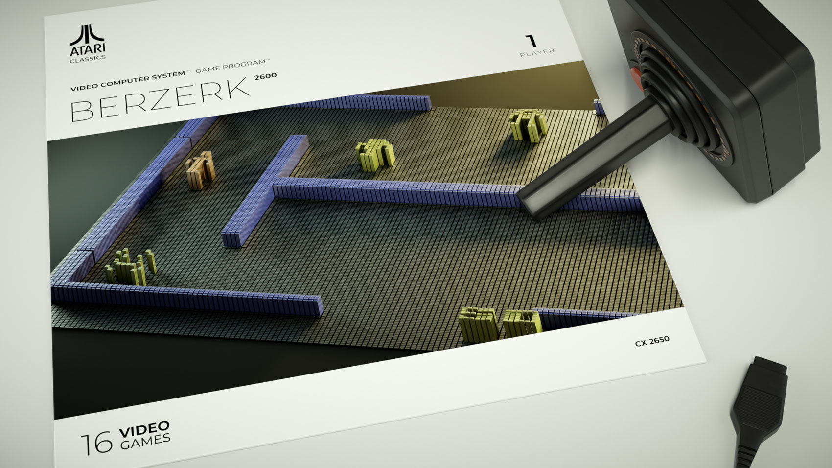An overhead studio layout of the custom Berzerk packaging sleeve featuring blue 3D voxel maze walls and green robotic enemy sprites, positioned flat next to a rendered CX40 joystick controller and its black connector cord plug.
