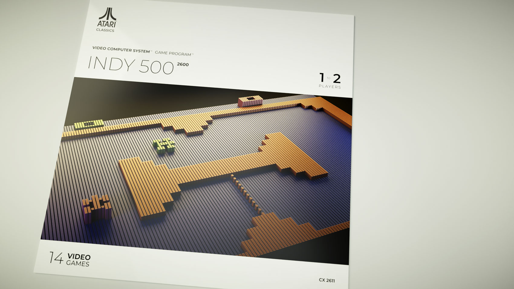 A full overhead portfolio view of the reimagined Indy 500 sleeve design, showcasing a textured yellow and orange 3D voxel racing track with minimalist 2D typography arranged on a crisp white layout template.