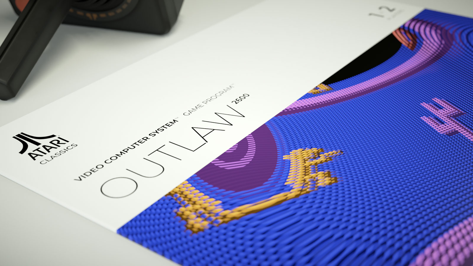 An extreme macro close-up shot of the Outlaw graphic sleeve layout, detailing the dense blue and purple concentric 3D voxel waves and a pixelated orange character sprite rising from the design surface.