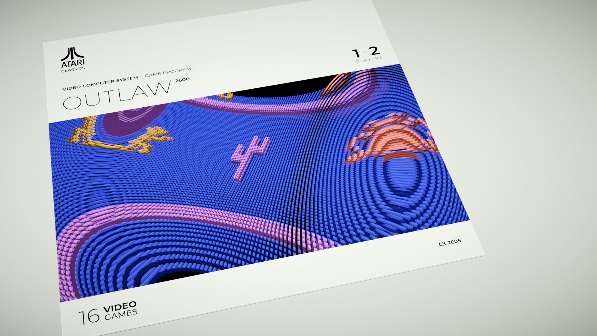 An angled portfolio shot of the custom graphic sleeve design for the game Outlaw, highlighting the extruded blue and purple voxel desert landscape and a dimensional pink cactus sprite.