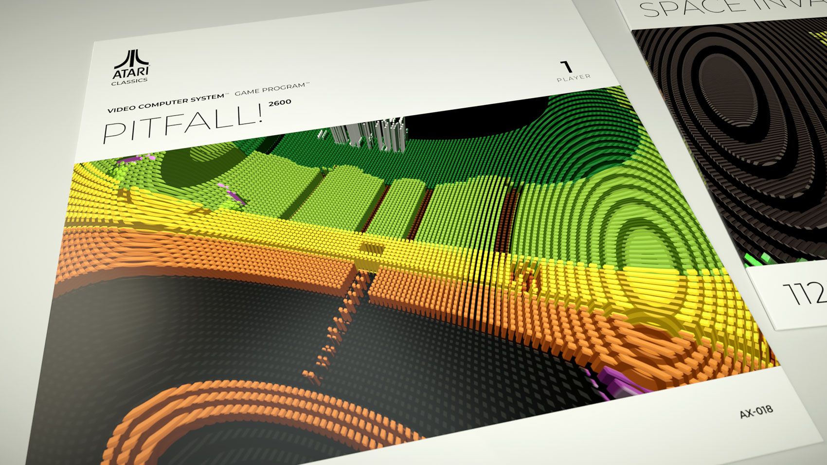 A high-angle portfolio presentation layout showing the custom graphic sleeve for Pitfall, displaying a vibrant jungle landscape rendered as an extruded 3D voxel terrain with green, yellow, and orange geometric depth layers.