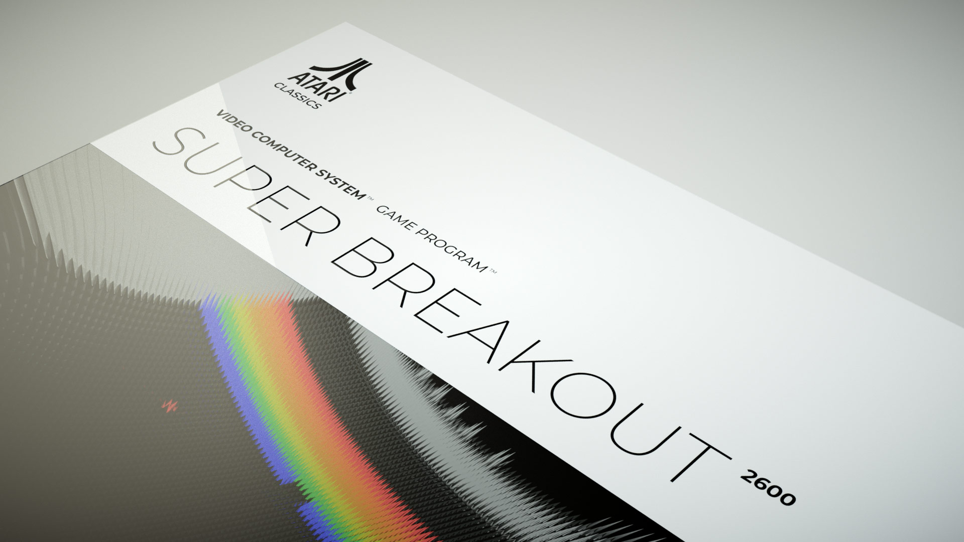 A high-angle close-up shot focusing on the minimalist typography and white layout of a custom graphic sleeve for the Atari 2600 game Super Breakout, highlighting the clean grid structure and a partial view of the curved voxel artwork below.