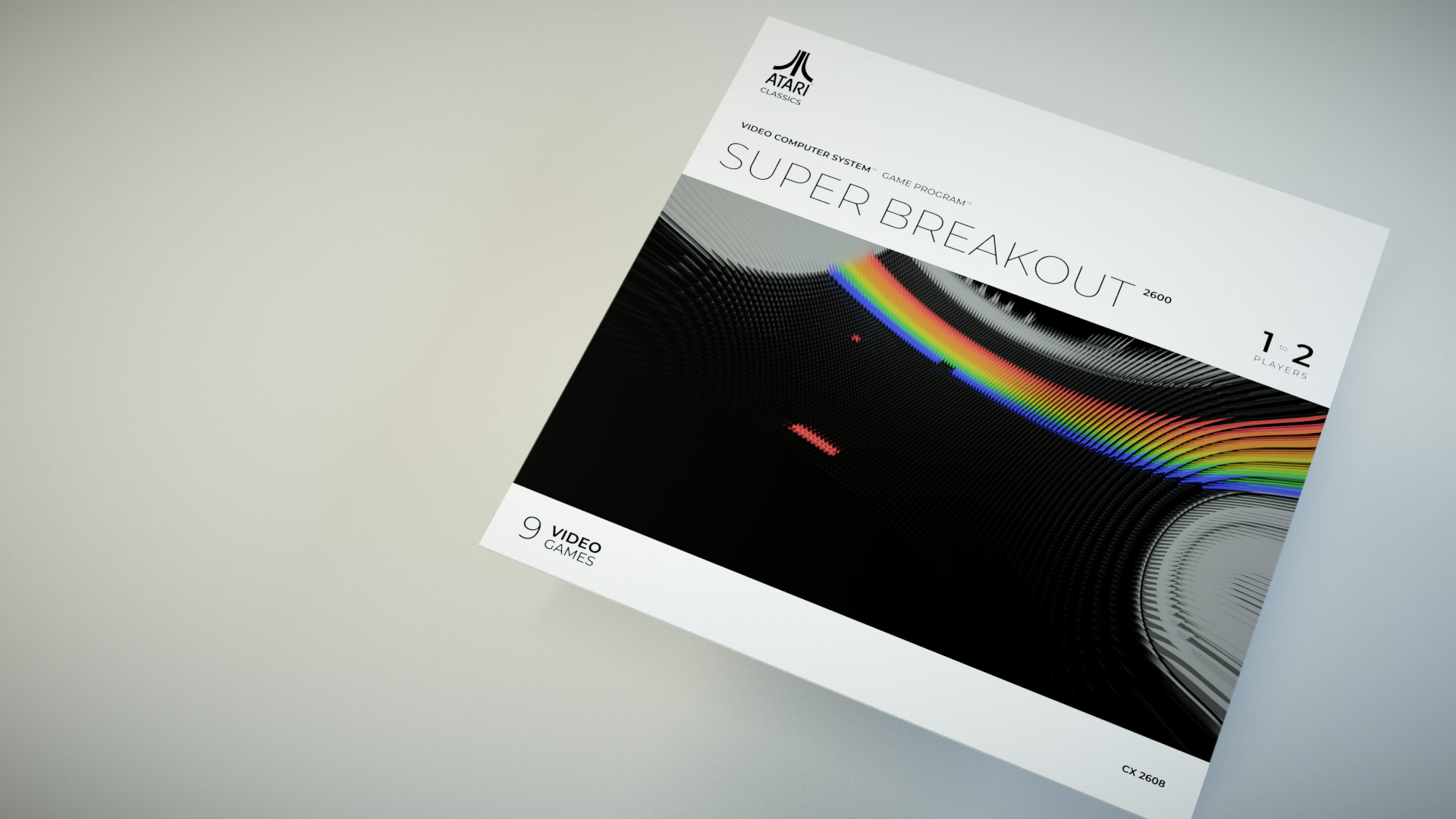 A full overhead portfolio view of the reimagined Super Breakout packaging sleeve design, displaying the balance between the bold 3D rainbow voxel graphics and the clean, structured technical layout templates.
