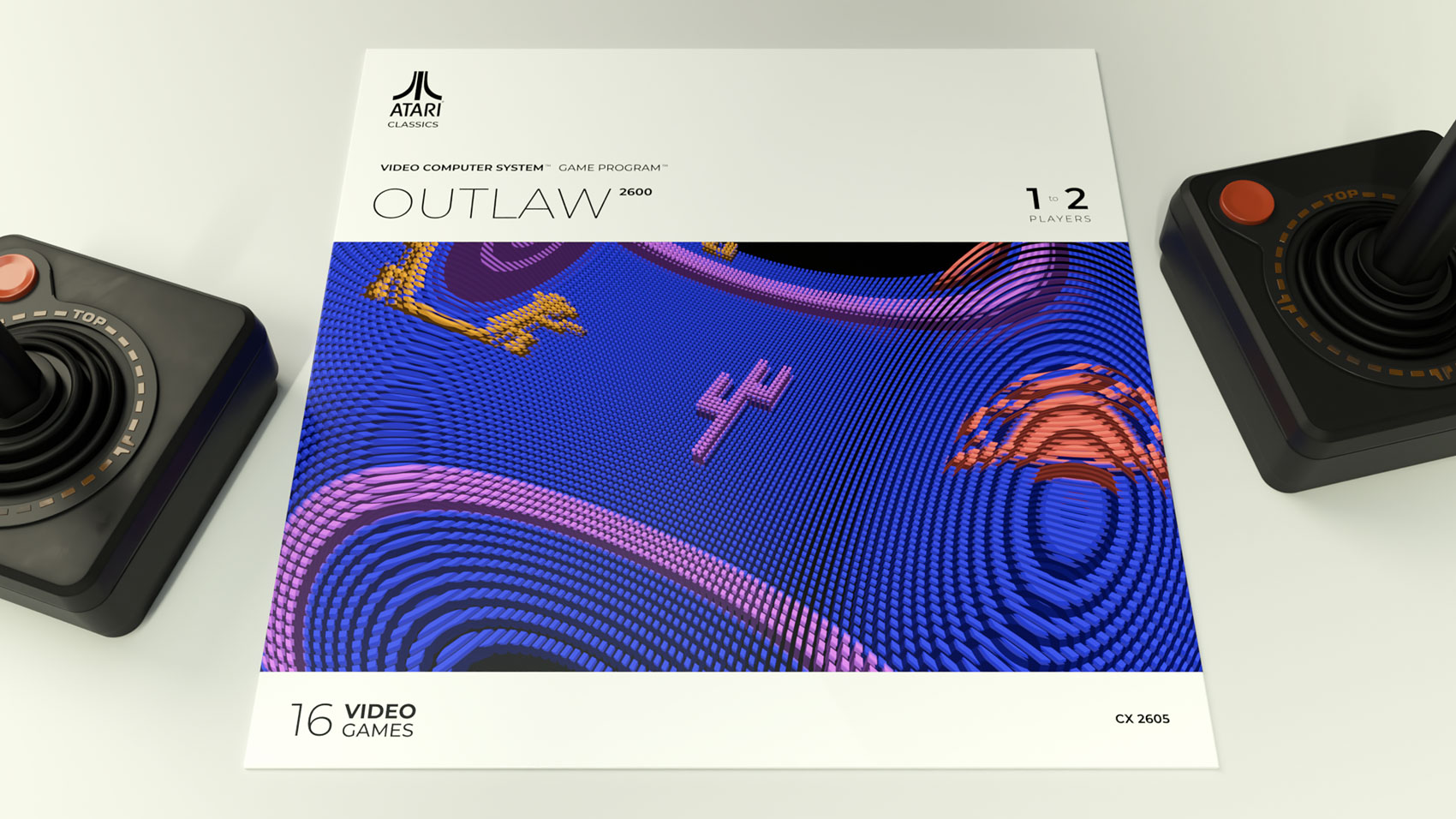 A studio product showcase layout featuring the redesigned Outlaw graphic sleeve flat on a neutral table surface, flanked on both sides by 3D rendered models of the iconic black Atari CX40 joystick controllers.