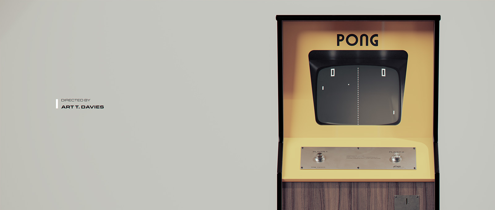 A full 3D recreation showcase of the 1972 Atari Pong arcade machine cabinet, detailing the wood-grain side panels, the yellow screen housing with branding, and the metallic coin door and control knobs below.
