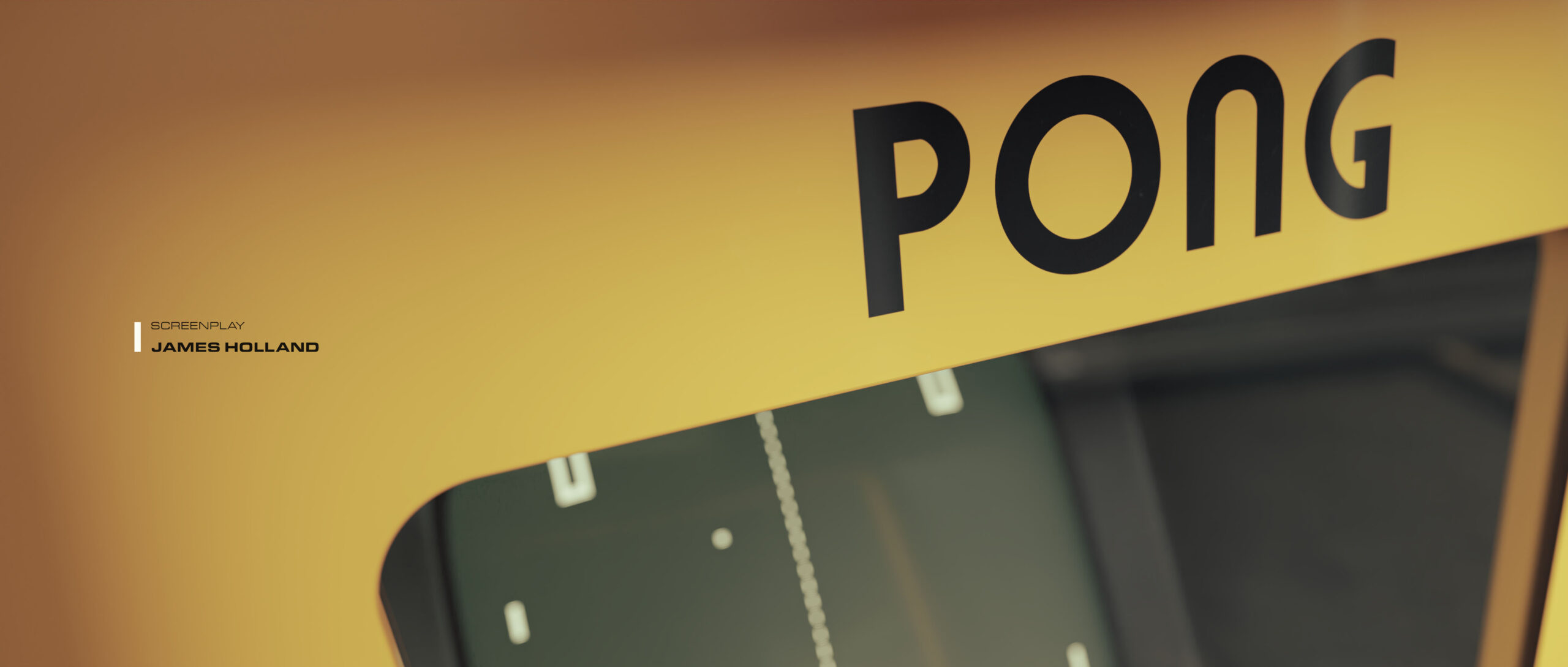 A close-up, low-angle 3D render focusing on the yellow upper chassis of the Atari Pong cabinet, featuring the bold black "PONG" typography branding integrated into a clean graphic layout.