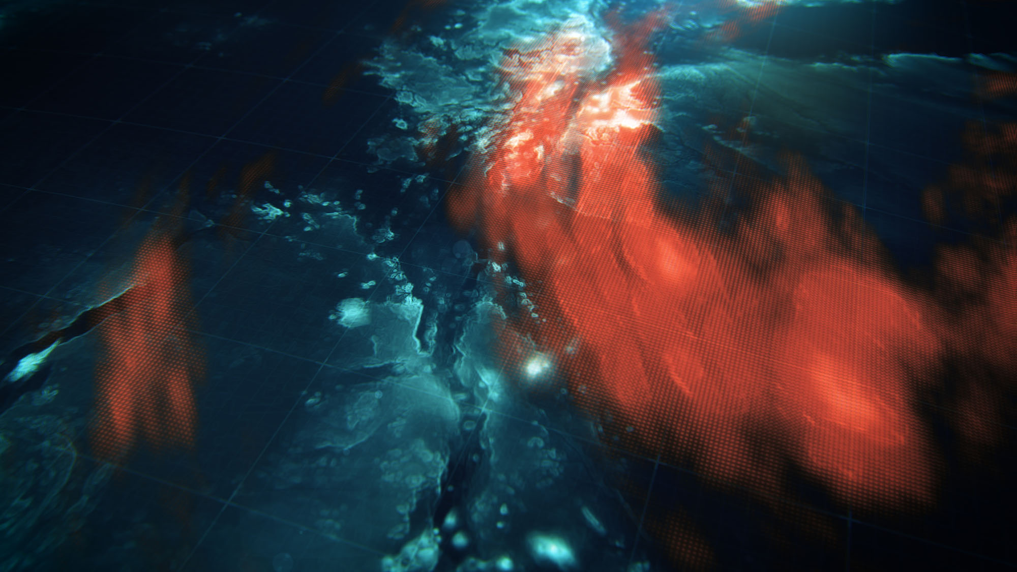 A user interface look-development frame showing a close-up angle of a digital weather satellite layout with glowing blue geographical terrain maps and dense red pixelated heat tracks.