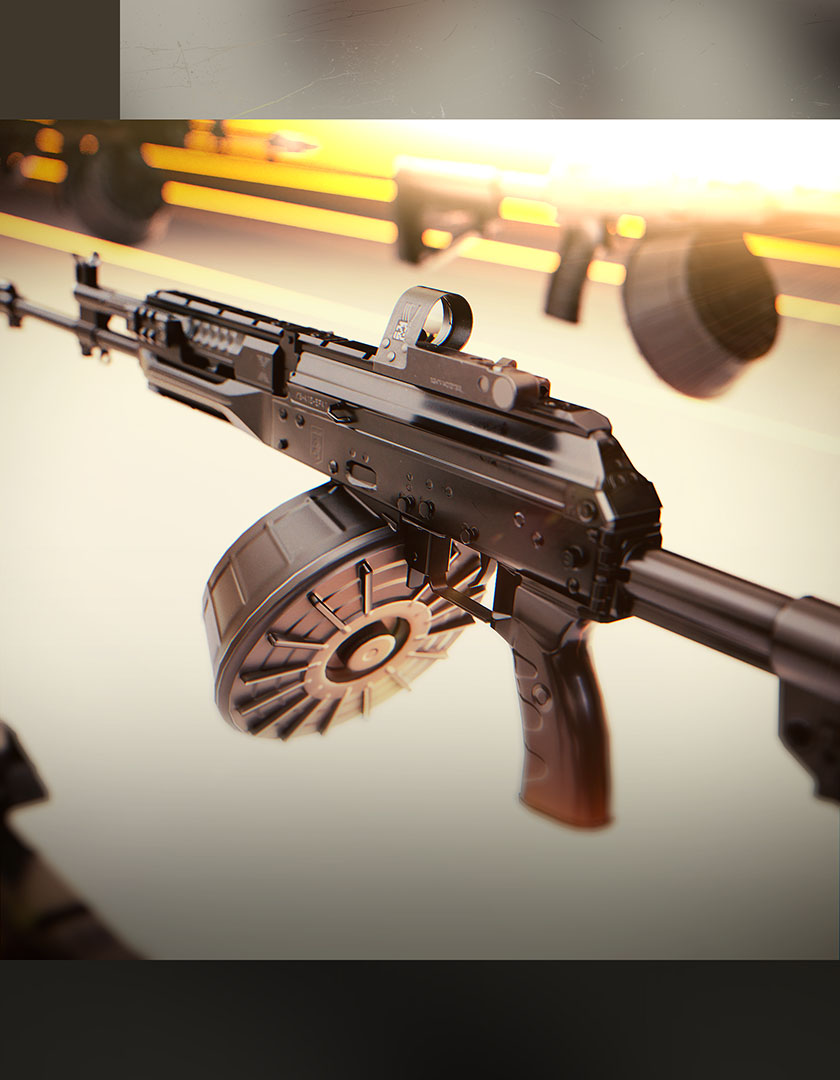A dynamic look-development frame focusing on the rear receiver and circular drum magazine of a black automatic combat rifle, staged with warm, low-key background horizon lighting streaks.