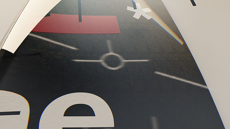 A detailed macro view of the studio logo showing technical aircraft flight instrumentation graphics, including a pitch indicator and crosshair, overlaid across dark graphic textures.