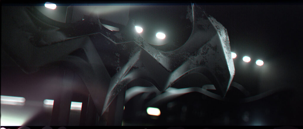 Batarang Kinetic Motion Blur and Lens Optics An extreme low-angle macro close-up frame from the cinematic sequence, capturing the 3D Batarang model cutting dynamically through a dark space with heavy motion blur, light leaks, and sharp highlights glinting off its weathered metallic wings against a backdrop of out-of-focus industrial studio lights.