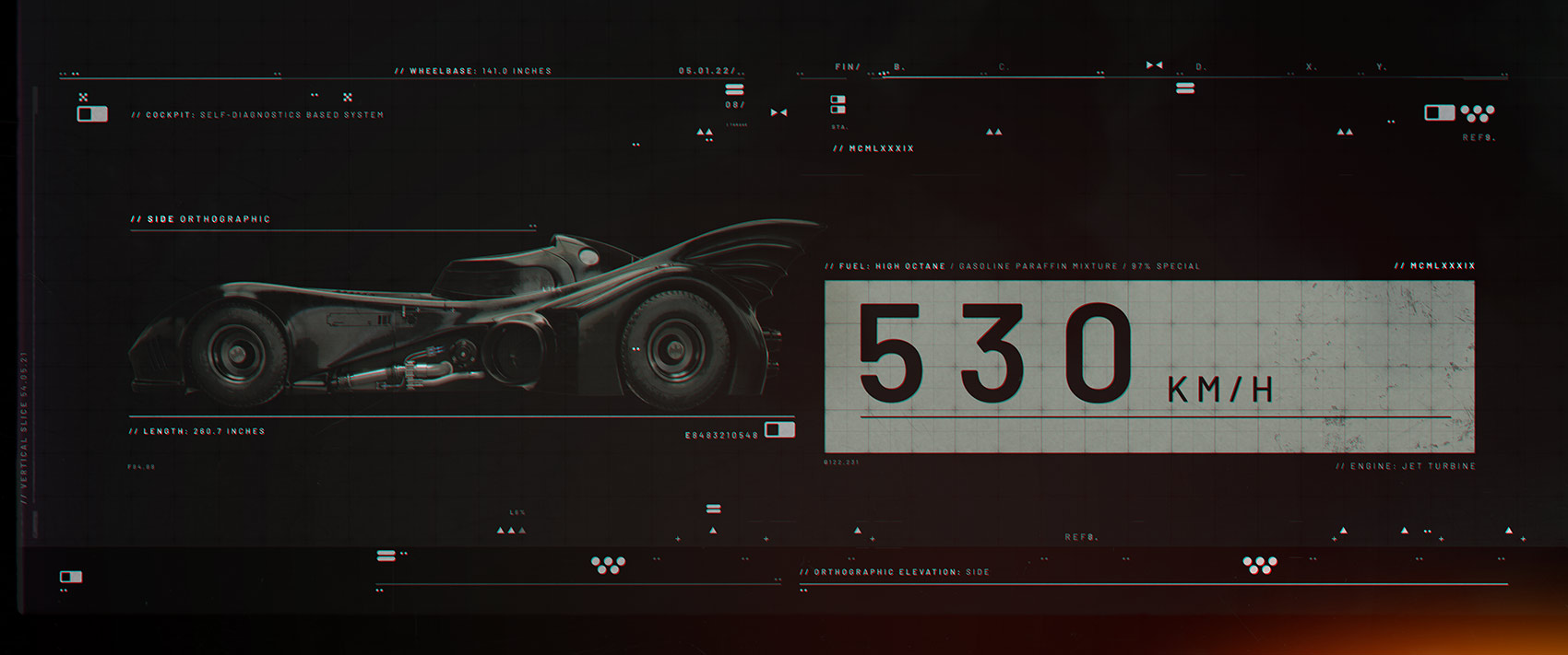 A dark Fantasy User Interface (FUI) layout displaying a 3D side profile of a Tim Burton-style Batmobile alongside a large digital speedometer reading 530 KM/H, presented on a dark portfolio website layout.