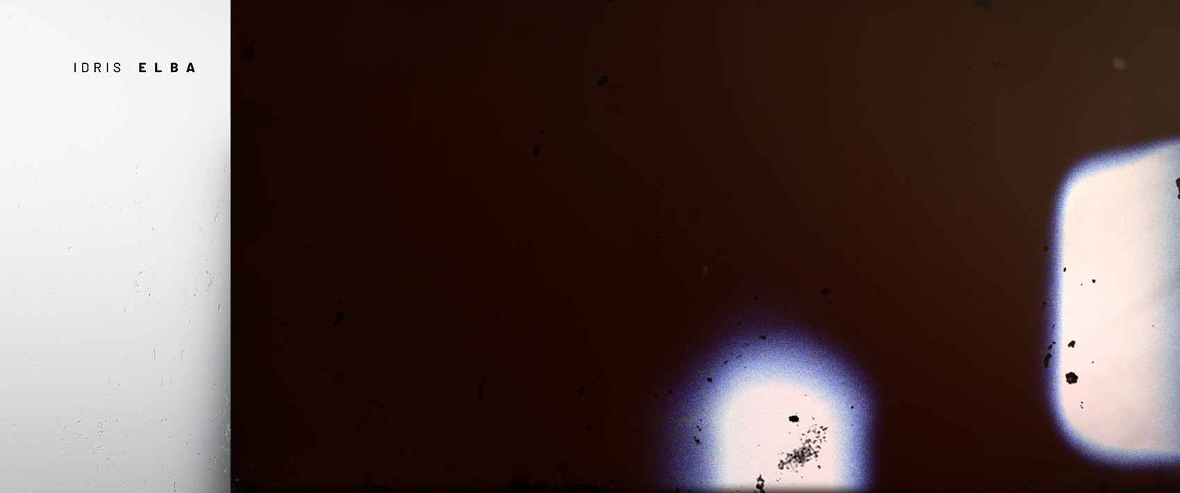An opening title sequence frame featuring a clean, minimal placeholder cast credit layout on a light grey vertical bar, transitioning into a dark background with organic film burn and light leak effects.