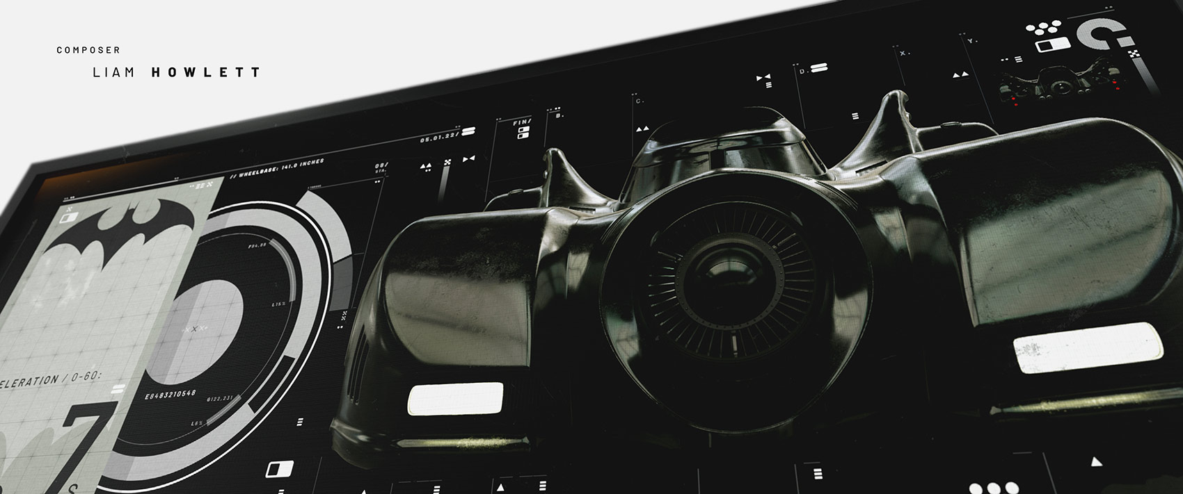 An angled opening title sequence style frame displaying a composer credit for Liam Howlett over a technical digital interface showing the front turbine engine of a 3D Batmobile.