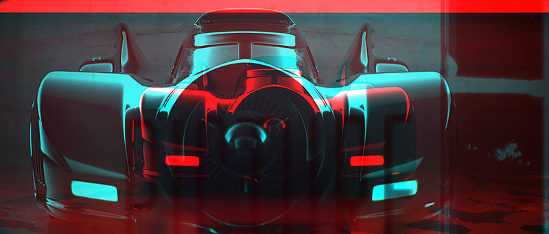A frontal close-up shot of the Batmobile model treated with an aggressive digital post-processing technique, displaying distinct red and cyan anaglyph channel misalignment filters.