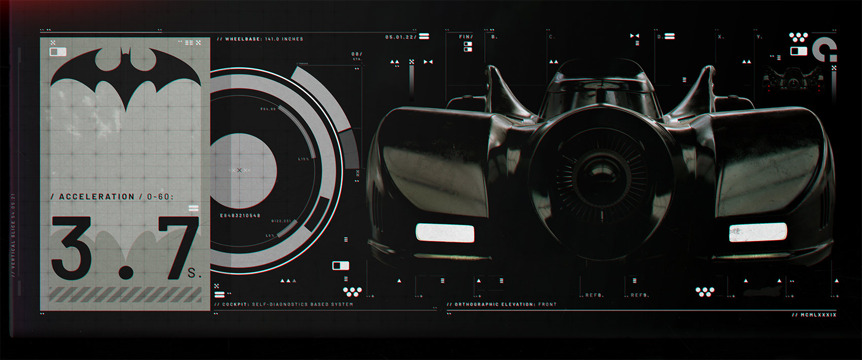 A detailed FUI style frame featuring a close-up front view of the 3D Batmobile model paired with a custom bat logo emblem and digital acceleration telemetry showing 3.7 seconds.