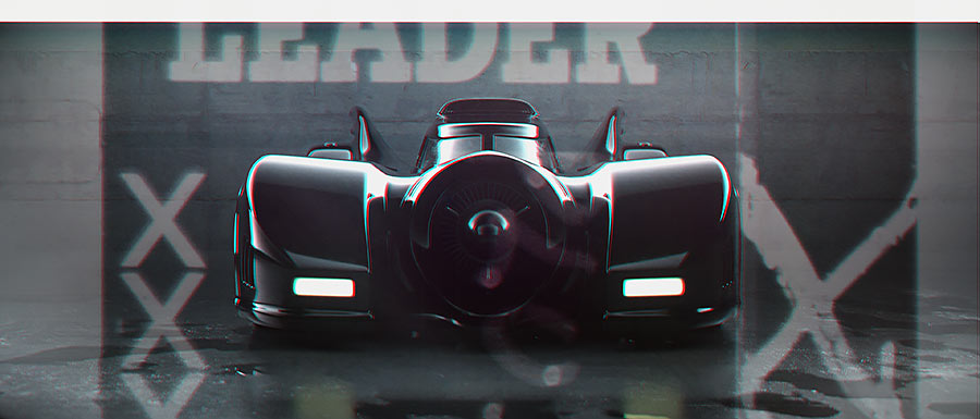 A wide front view of the Batmobile integrated into a stylized layout, featuring low-opacity white graphic elements, cross marks, and industrial stencilled typography.