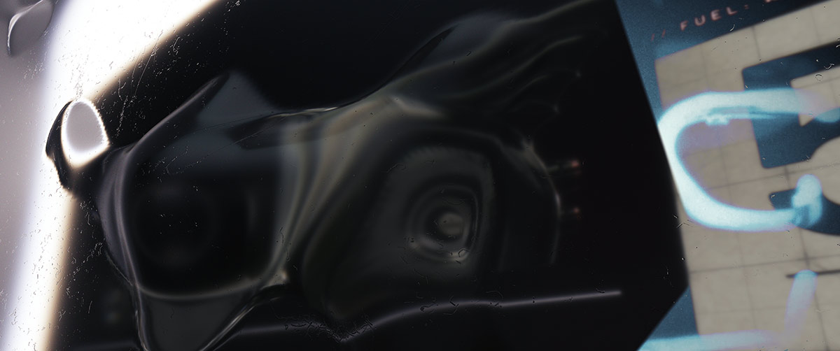 A close-up look-development render focusing on the glossy black surfaces and metallic engine curves of the Batmobile's rear jet turbine under moody lighting.