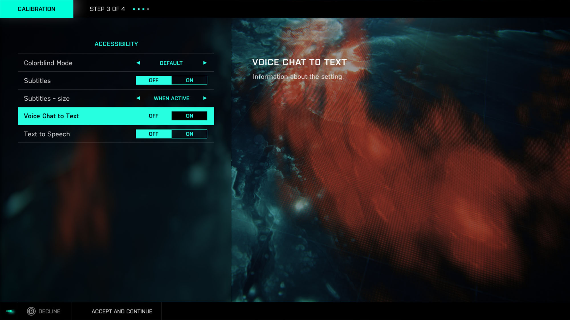 A user interface design concept for the Battlefield 2042 accessibility settings menu, featuring teal menu text toggles on the left overlaid on top of a dark blue and red heat-mapped satellite terrain background.