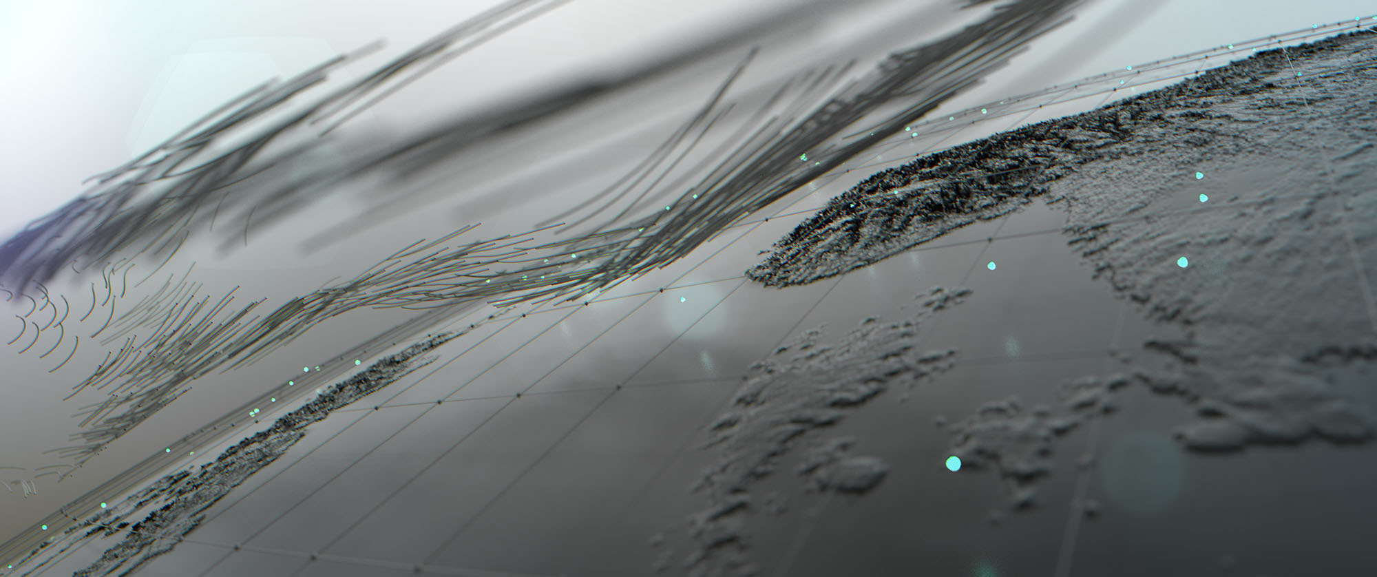 An abstract motion graphics concept frame displaying a shallow depth of field shot of a grey 3D digital globe, tracking fine black and grey vector lines simulating atmospheric wind or weather currents.