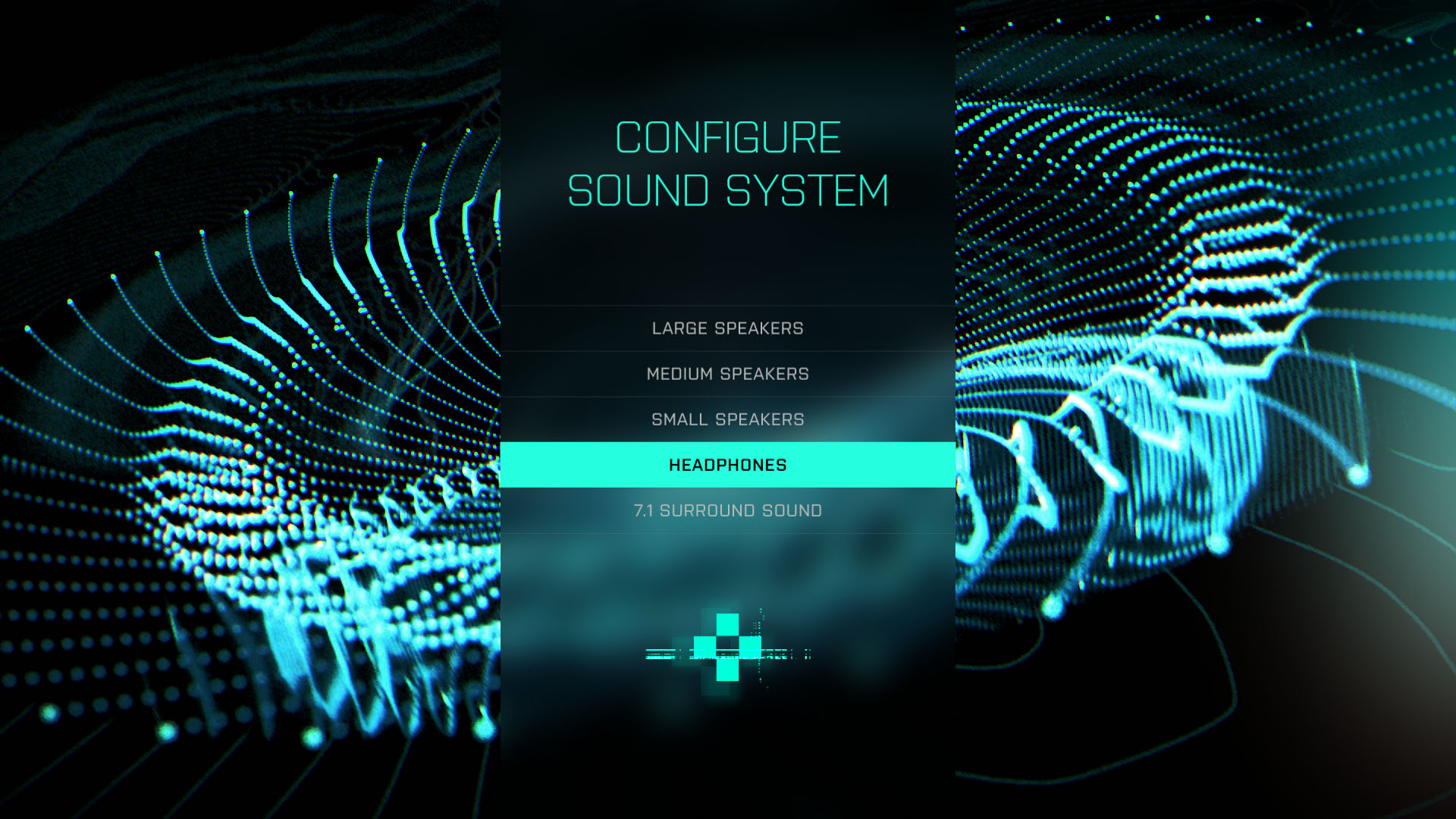 A user interface design concept for the "CONFIGURE SOUND SYSTEM" menu layout, featuring a central dark menu block with "HEADPHONES" selected in vibrant teal, flanked by intricate blue audio wave particle rings.