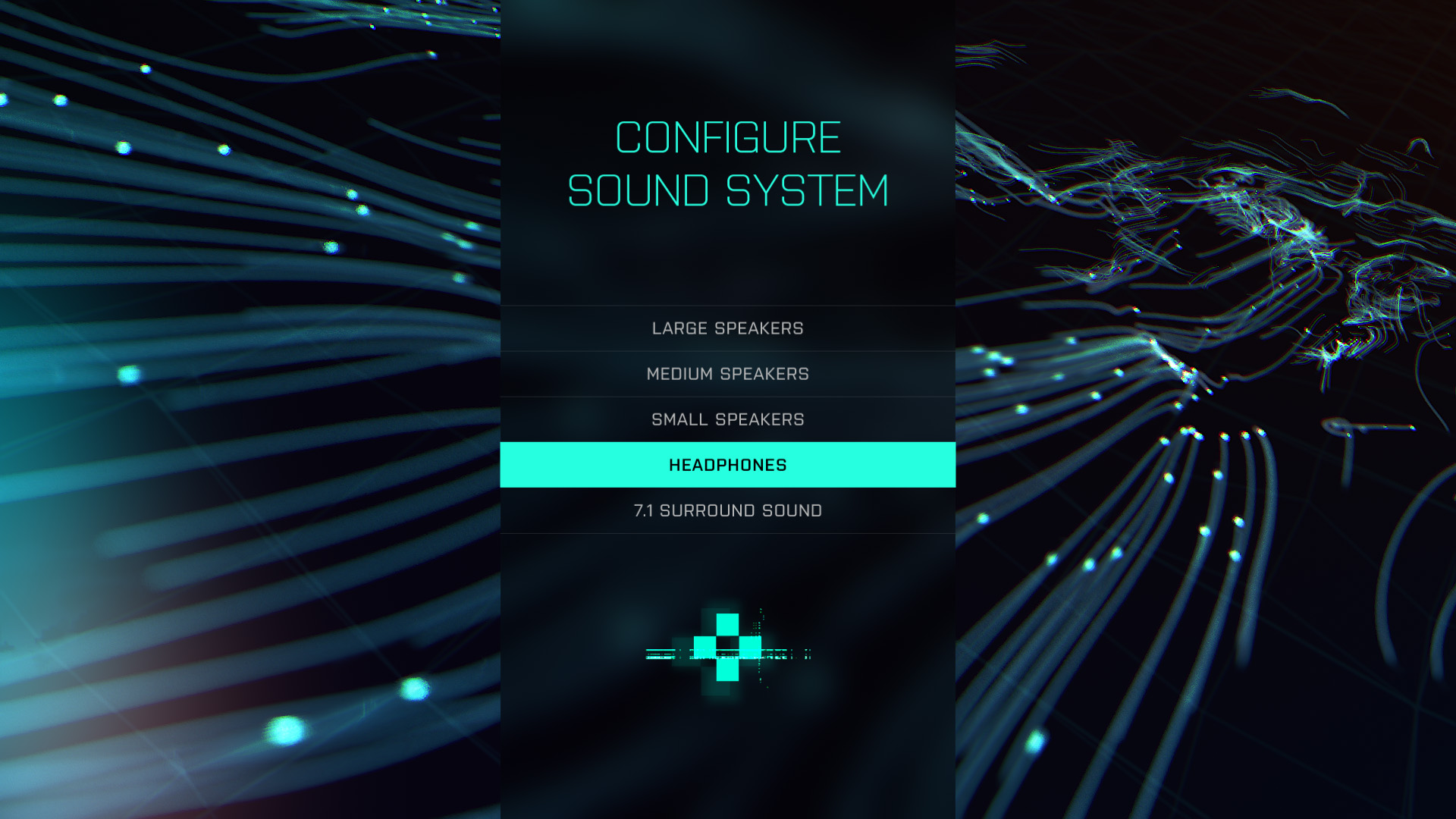 A user interface design layout for the "CONFIGURE SOUND SYSTEM" menu screen, featuring a translucent option box with "HEADPHONES" selected in bright teal, split across a background of flowing, animated audio wave particle streams.