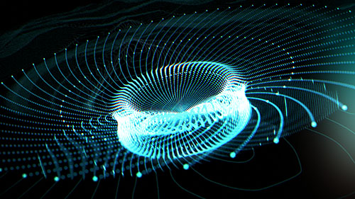 A motion graphics style frame showing an abstract blue particle wave ring tightening and expanding over a dark interface field.