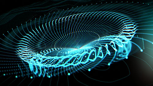 A sequential concept frame showing a complex blue audio wave particle ring curving into a wide circular disk array on a dark grid.