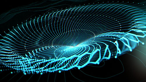 A subsequent animation frame capturing the glowing blue sound wave particle ring rippling and flattening outward across the user interface layout.