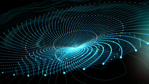 A final look-development frame showing the blue audio particle wave dispersing into a faint, minimalist circular grid structure.