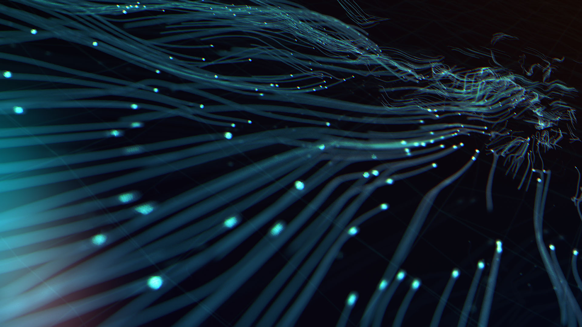 An abstract motion graphics style frame displaying horizontal blue data or sound streams rippling across a dark interface grid with a soft focus.