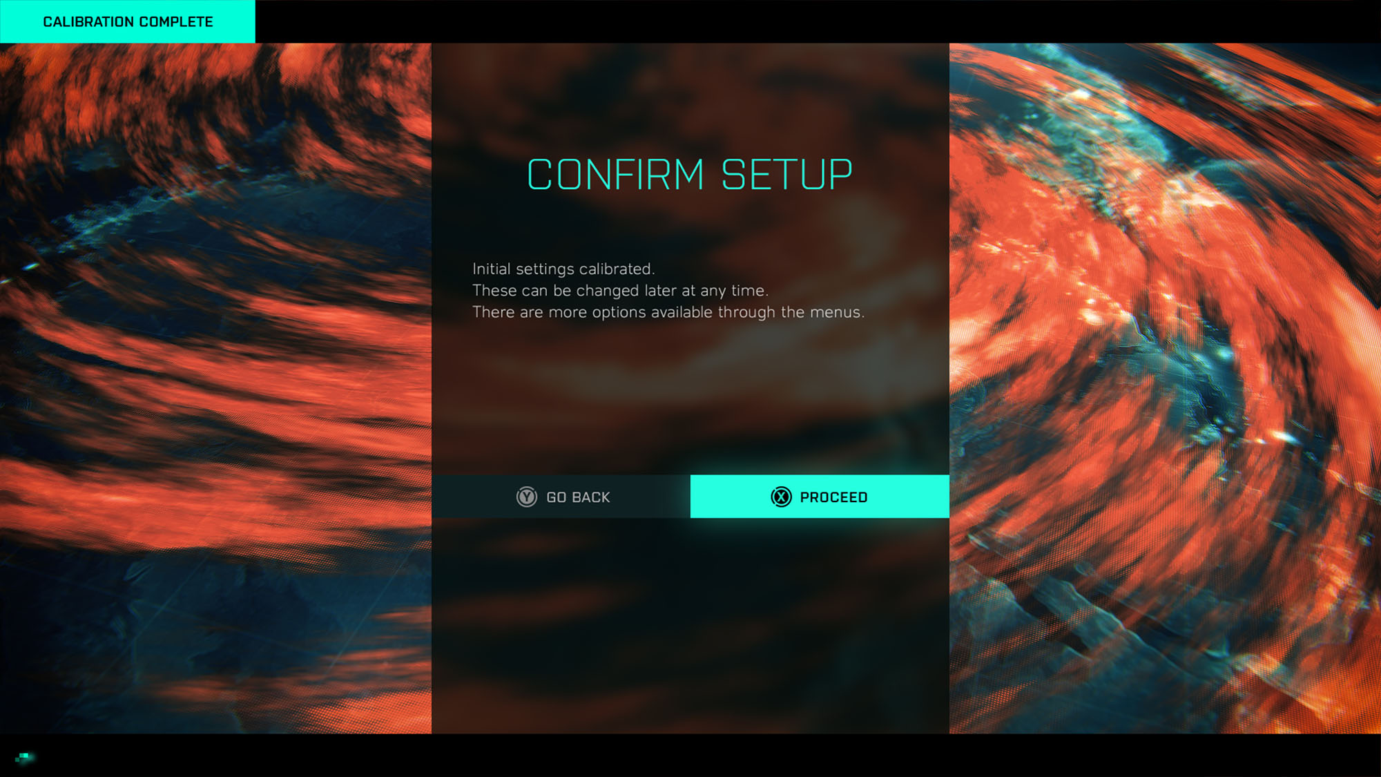 A menu interface mockup for the Battlefield 2042 calibration system, showing a central dark translucent panel with "CONFIRM SETUP" text and teal action buttons over a swirling orange data map.