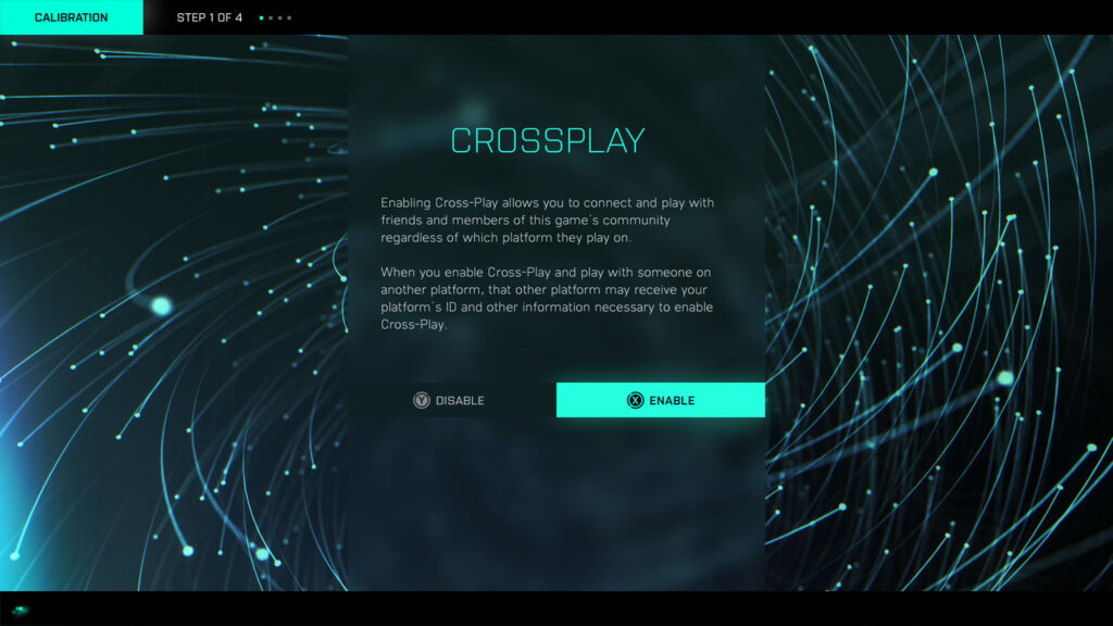 A user interface mockup for the Battlefield 2042 crossplay setup screen, featuring central prompt text and selection buttons overlaid on top of a swirling teal data particle background.