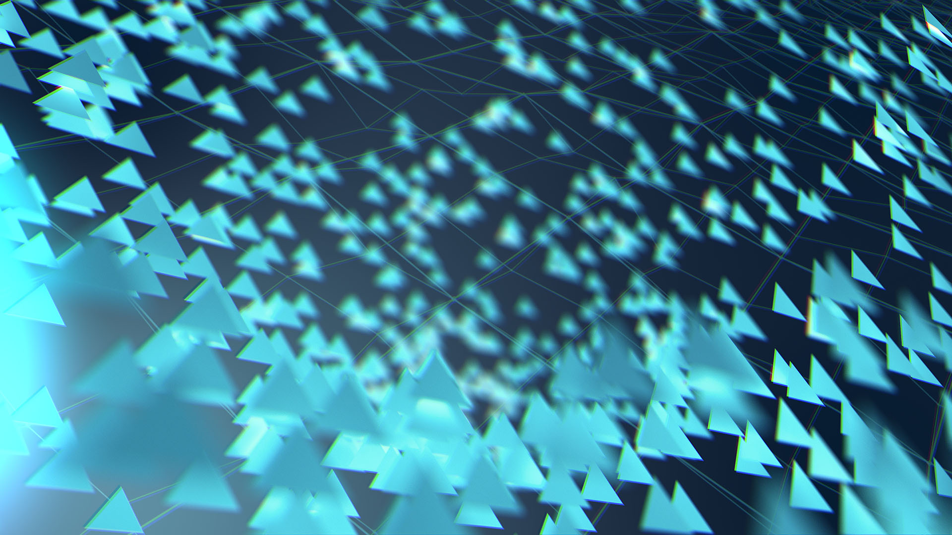 An abstract user interface style frame featuring hundreds of glowing teal geometric triangles floating and rippling like a wave over a dark blue data mesh grid.