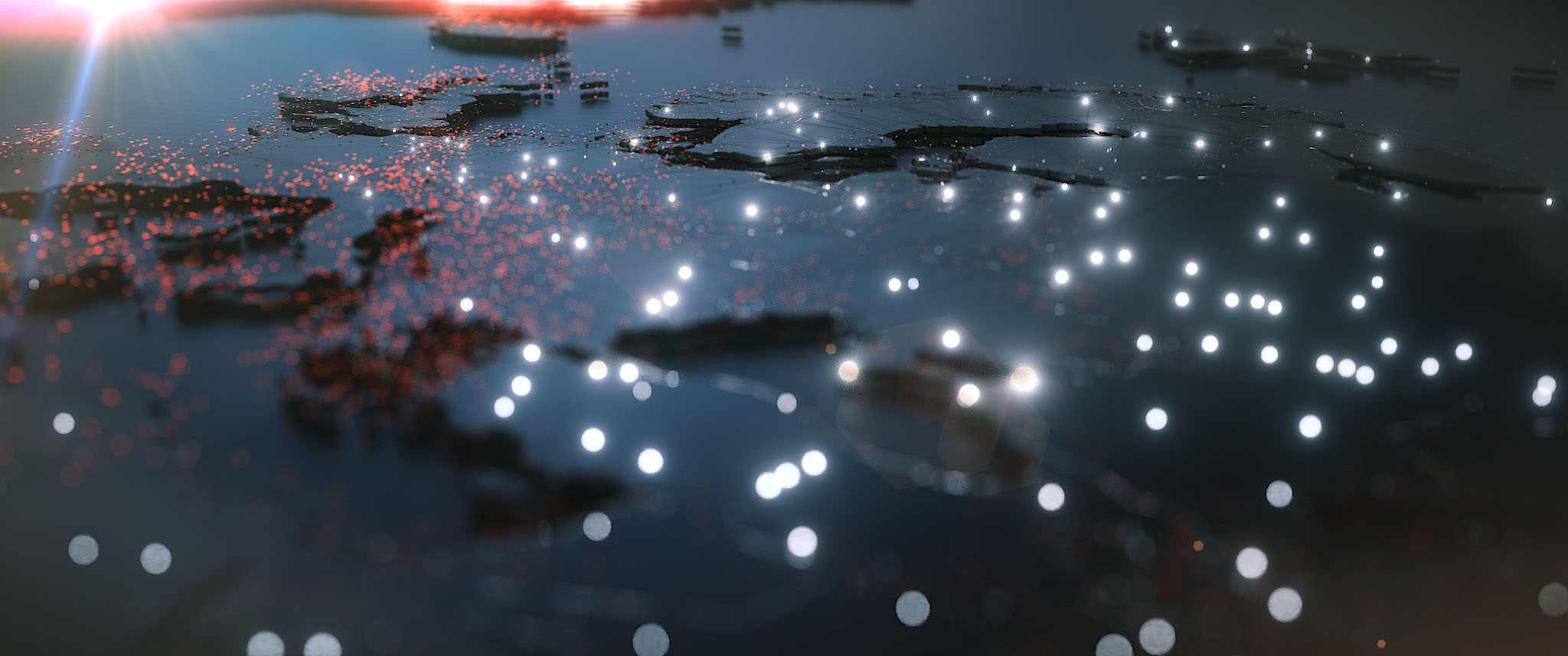 A wide-format user interface look-development frame showing an abstract 3D globe under a bright horizon light, tracking a glowing teal data spiral across the terrain.