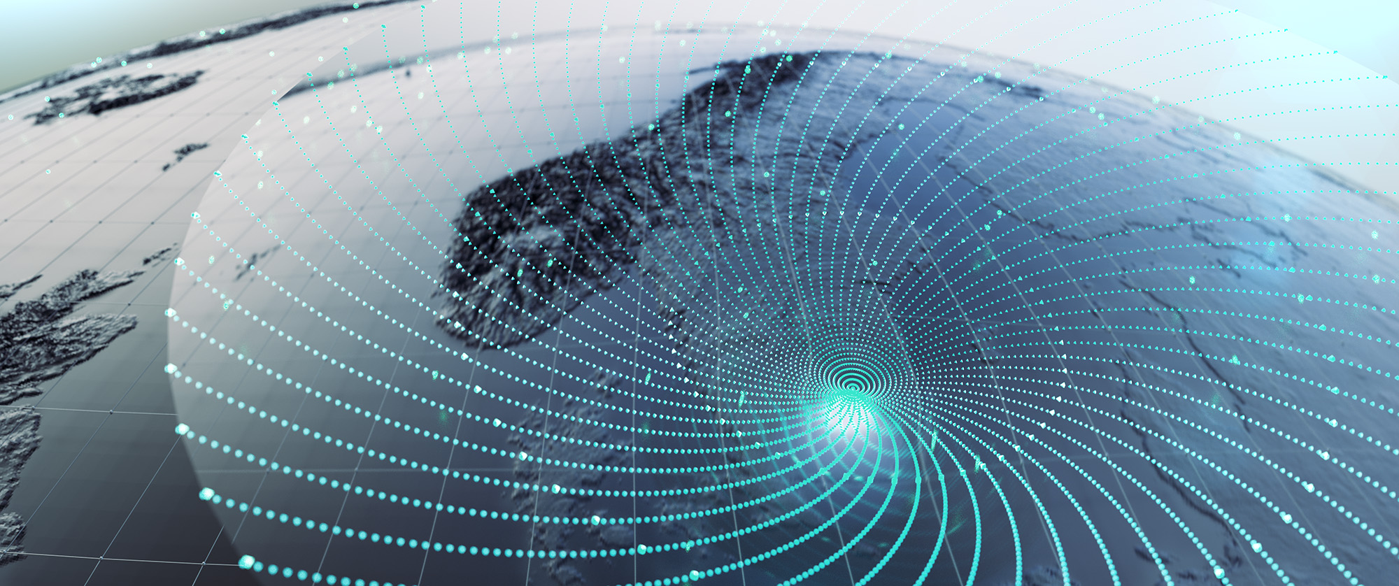 A wide user interface design frame showing a high-angle view of a 3D globe with a bright teal radar particle spiral pulsing outwards across a grey digital landmass and grid network.