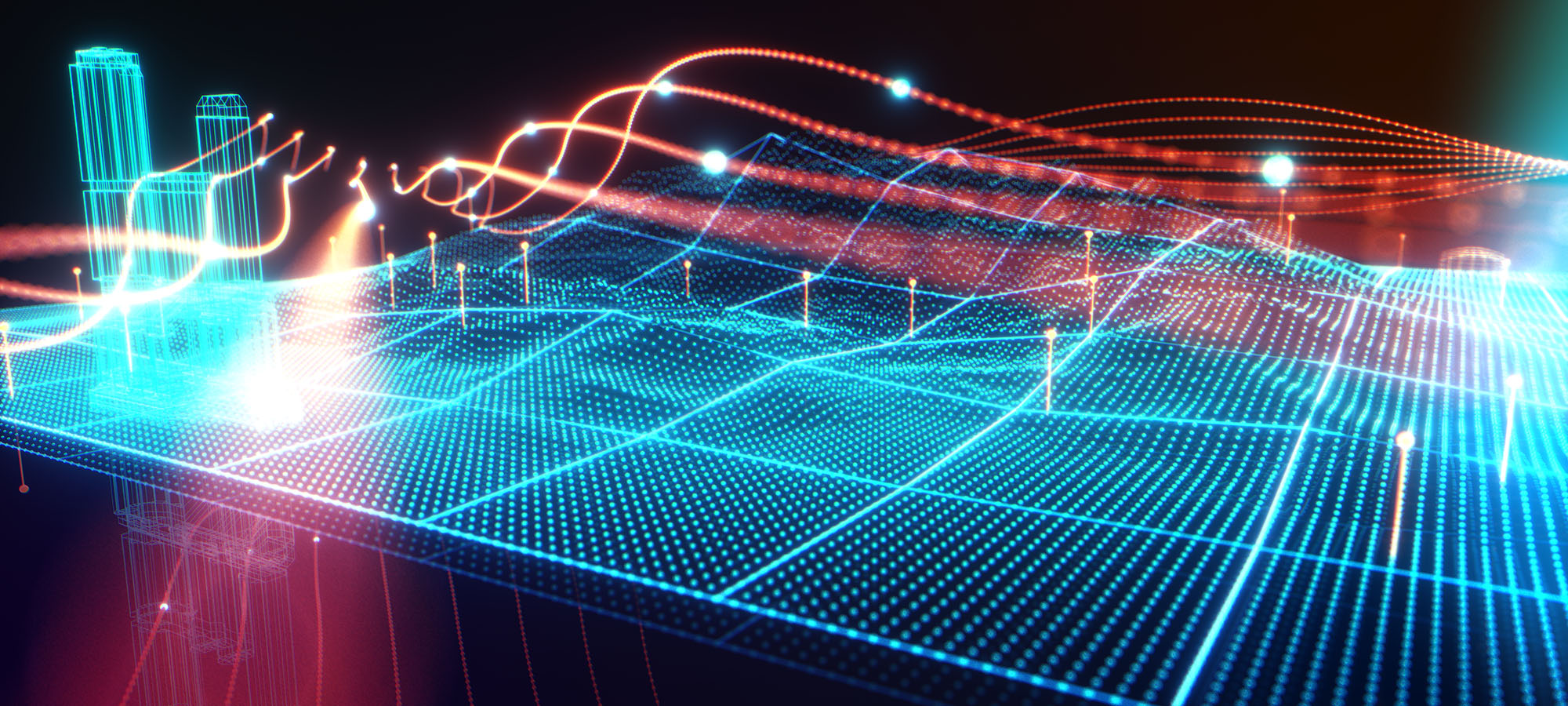 A high-angle, bright look-development frame capturing a complex holographic user interface with a luminous blue particle grid landscape and dynamic orange light trails tracking across the terrain.