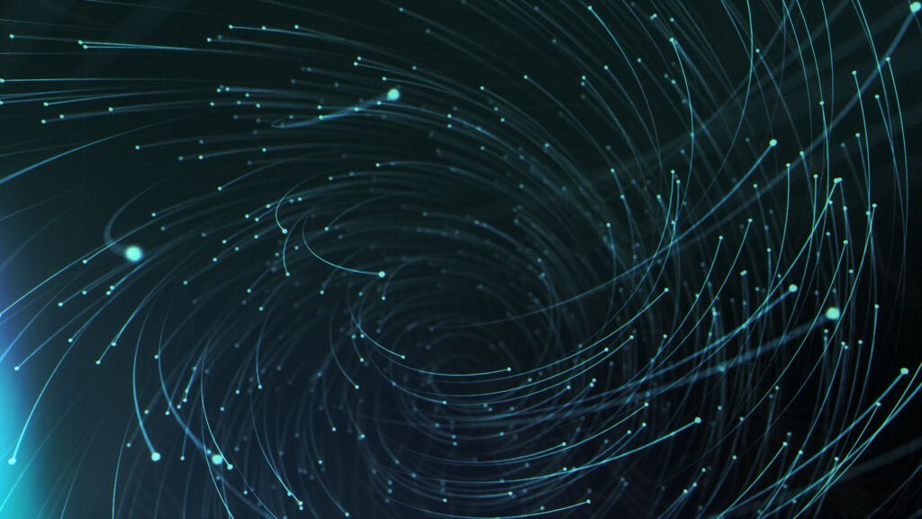 A dynamic motion graphics concept showing a swirling vortex of luminous teal particle data lines spiralling inward toward a central point on a dark interface background.