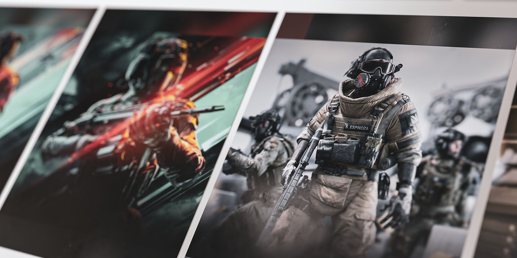 A premium portfolio presentation header showcasing original 3D character art layout frames for in-game player cards, featuring detailed tactical soldiers and specialist humanoids rendered in high-contrast cinematic lighting.