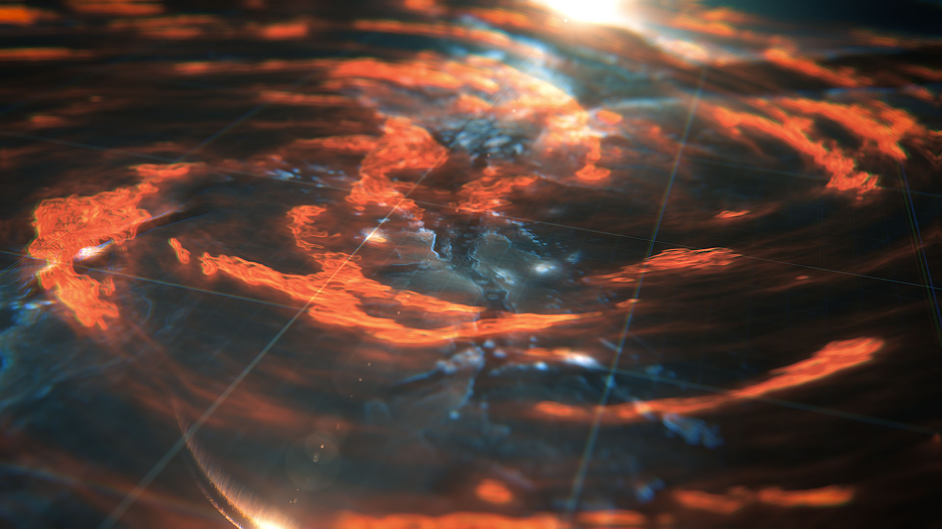 An atmospheric 3D motion concept frame capturing an abstract global landscape map tracking fiery orange storm formations under a bright horizon lens flare.
