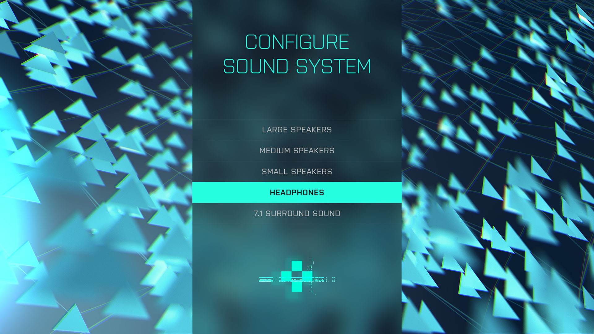 A user interface design concept for the "CONFIGURE SOUND SYSTEM" menu screen, displaying a central dark text overlay panel with "HEADPHONES" highlighted in bright teal, flanked by a background of floating teal geometric triangles.
