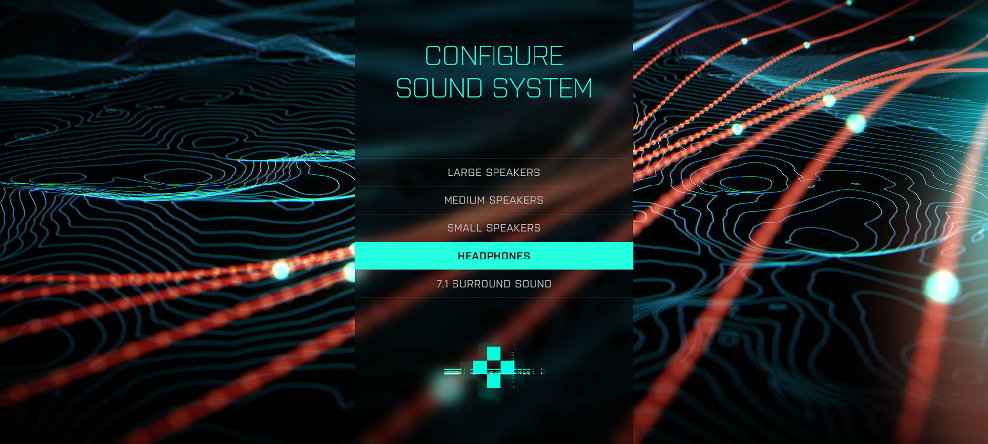 A user interface design layout for the "CONFIGURE SOUND SYSTEM" menu screen, displaying a central dark text overlay panel over a background of teal contour lines and flowing orange data streams.